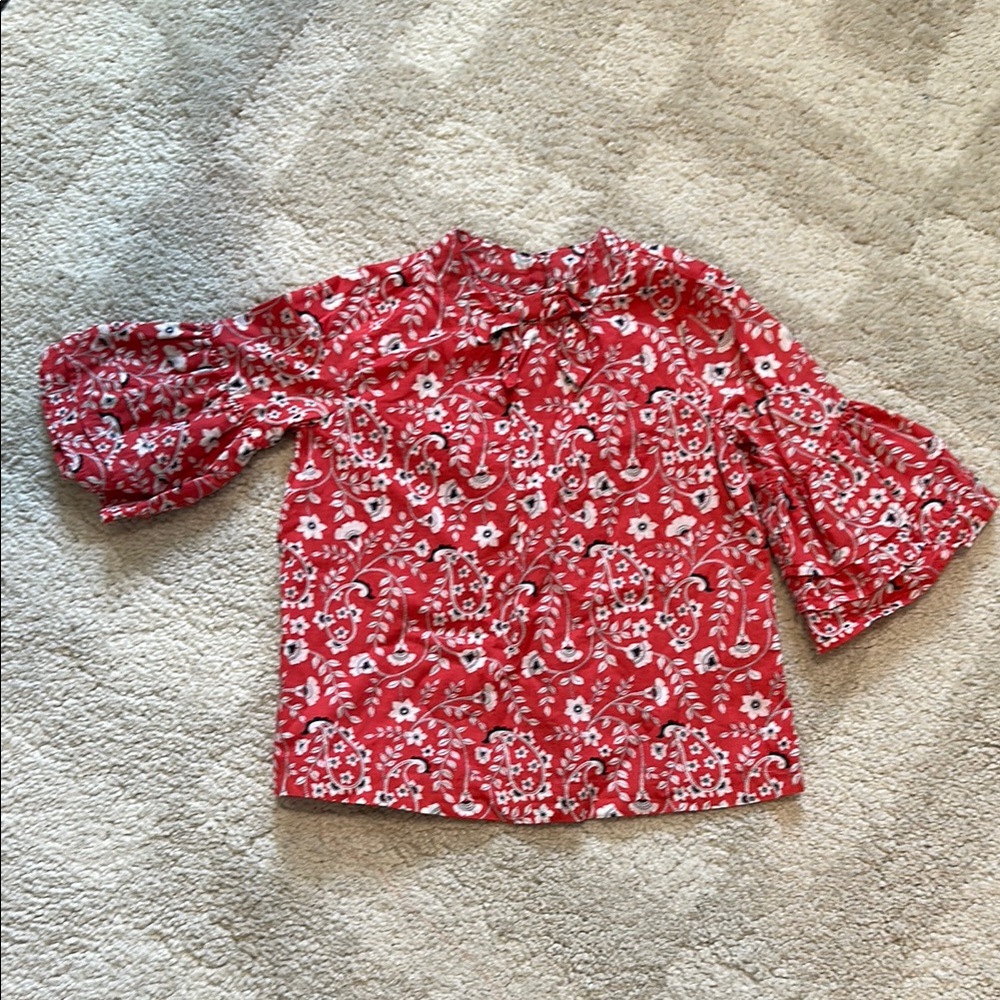 Janie and Jack Red and White Floral Blouse with Bell Sleeves